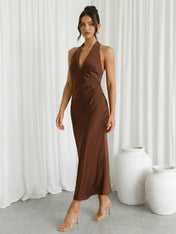 Brown V Neck Halter Neck Mermaid Ankle Length Maxi Dresses