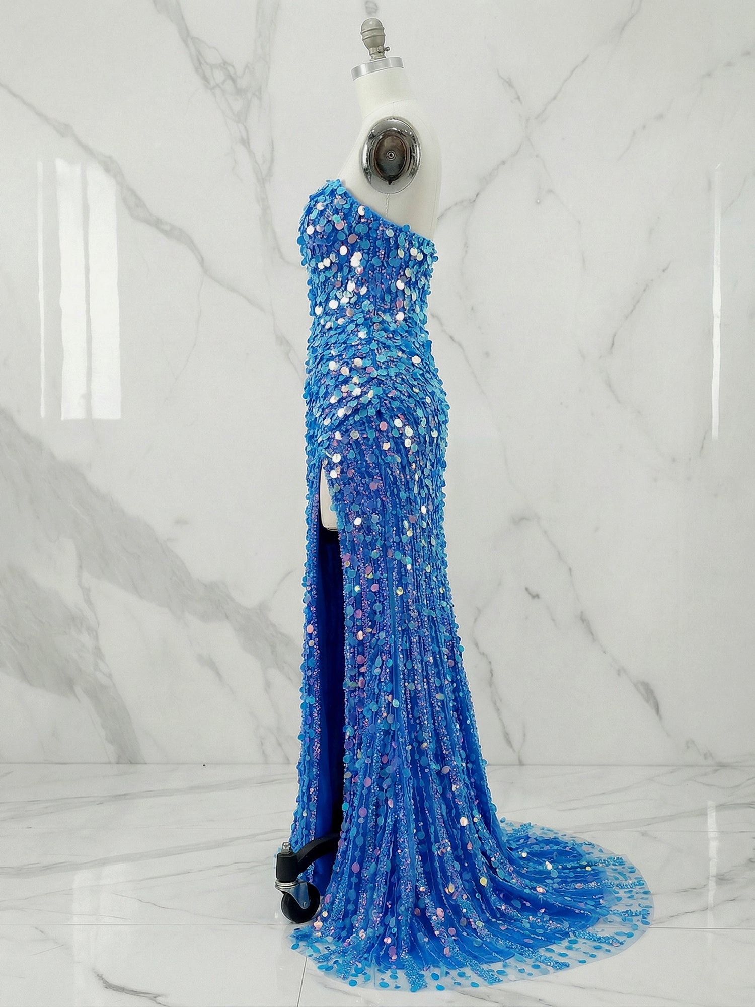 Blue Sweetheart Mermaid Sequins Long Prom Dress with Slit