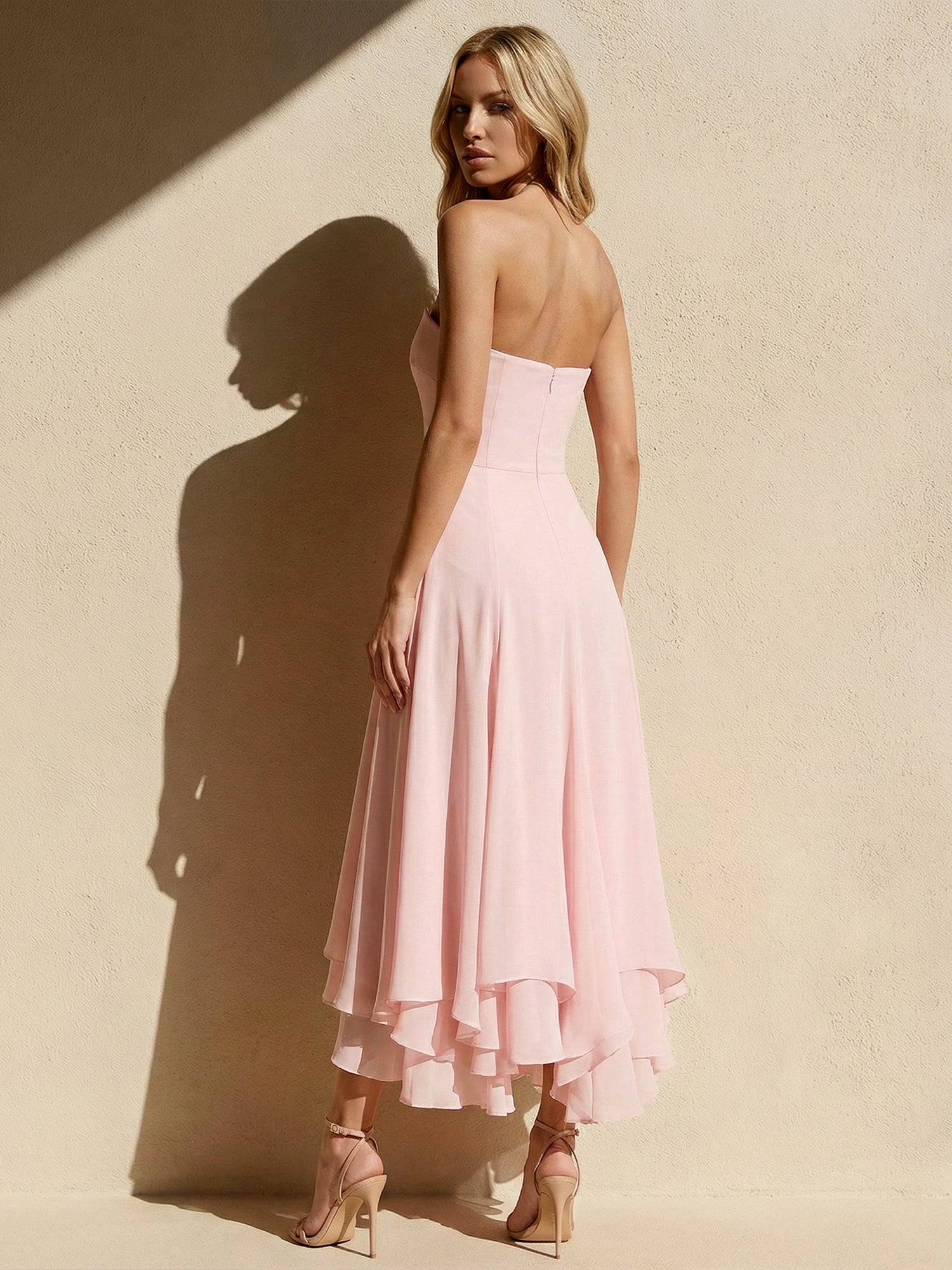 Pink Strapless Tiered Maxi Dresses A Line Chiffon Formal Dress