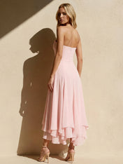 Pink Strapless Tiered Maxi Dresses A Line Chiffon Formal Dress