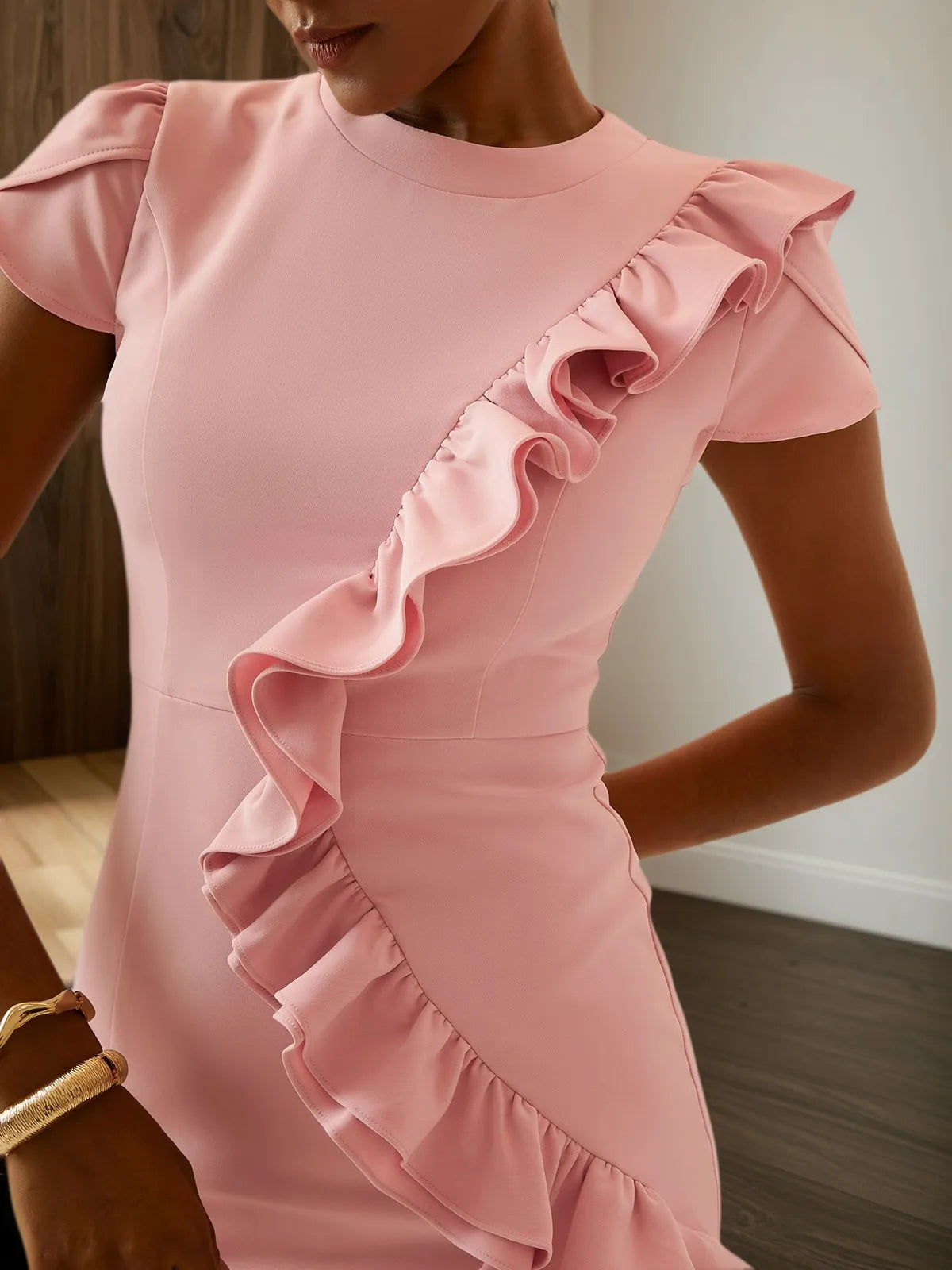Pink Ruffled Short Sleeve Sheath Mini Homecoming Dress