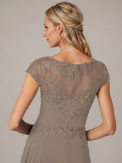 A-line Boat Neck Illusion Asymmetrical Chiffon Lace Mother of the Bride Dress With Applique Pleats