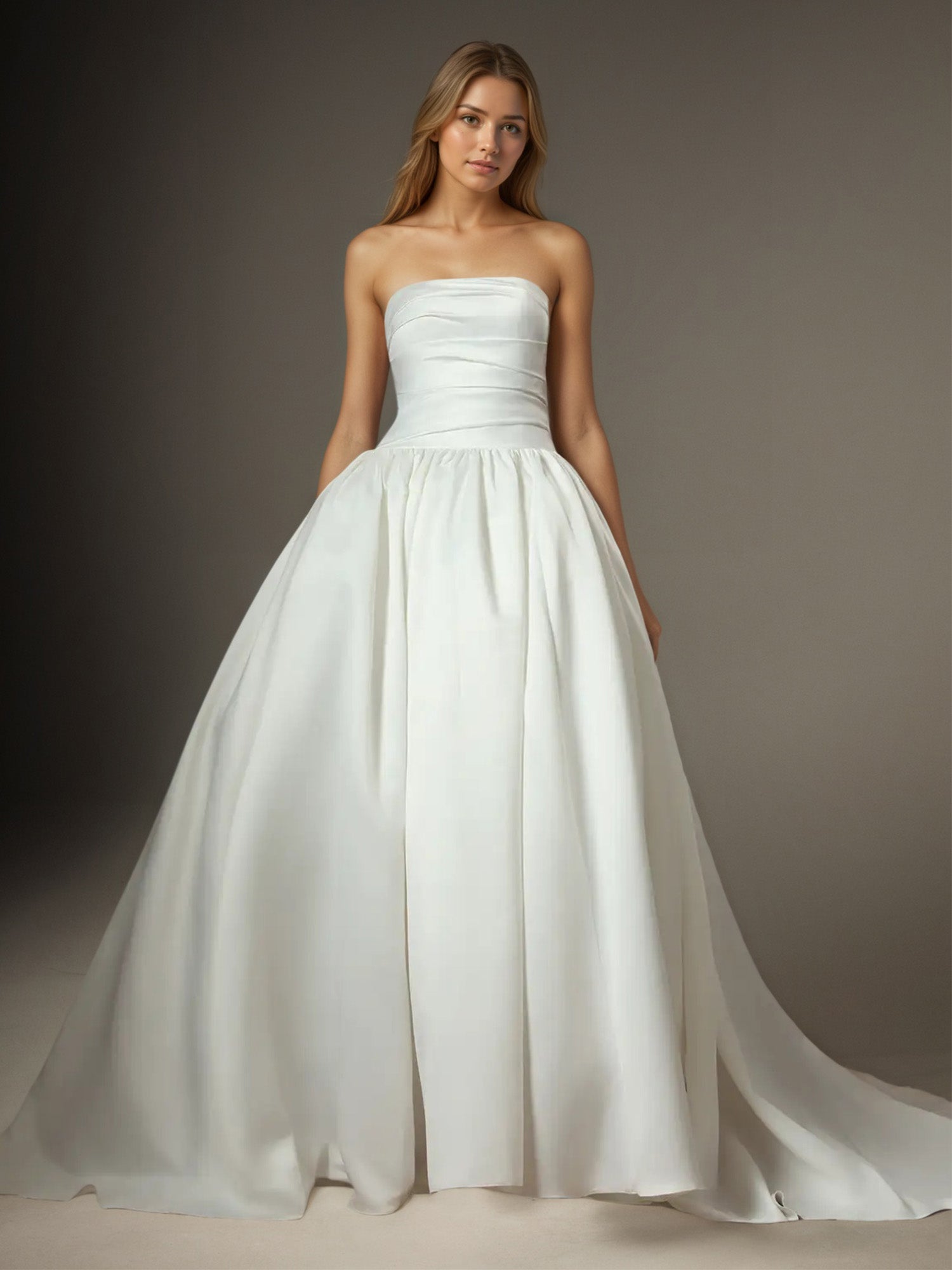 White Ball-Gown Strapless Matte Satin Wedding Dress