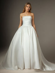 White Ball-Gown Strapless Matte Satin Wedding Dress