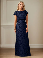 A Line Boat Neck Short Sleeve Floral Burnout Mother of the Bride Dress