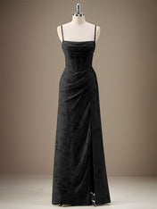 Black Sheath Spaghetti Straps Pleated Long Bridesmaid Dress with Slit