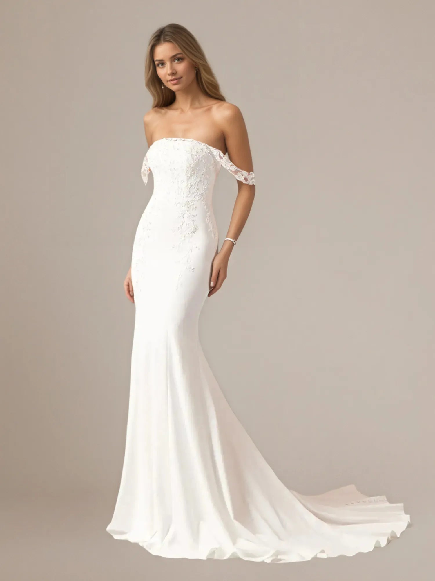 White Mermaid Sequins Off The Shoulder Stretch Crepe Wedding Dress
