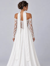 Elegant White Off-the-Shoulder Lace-Trimmed Slit Wedding Dress