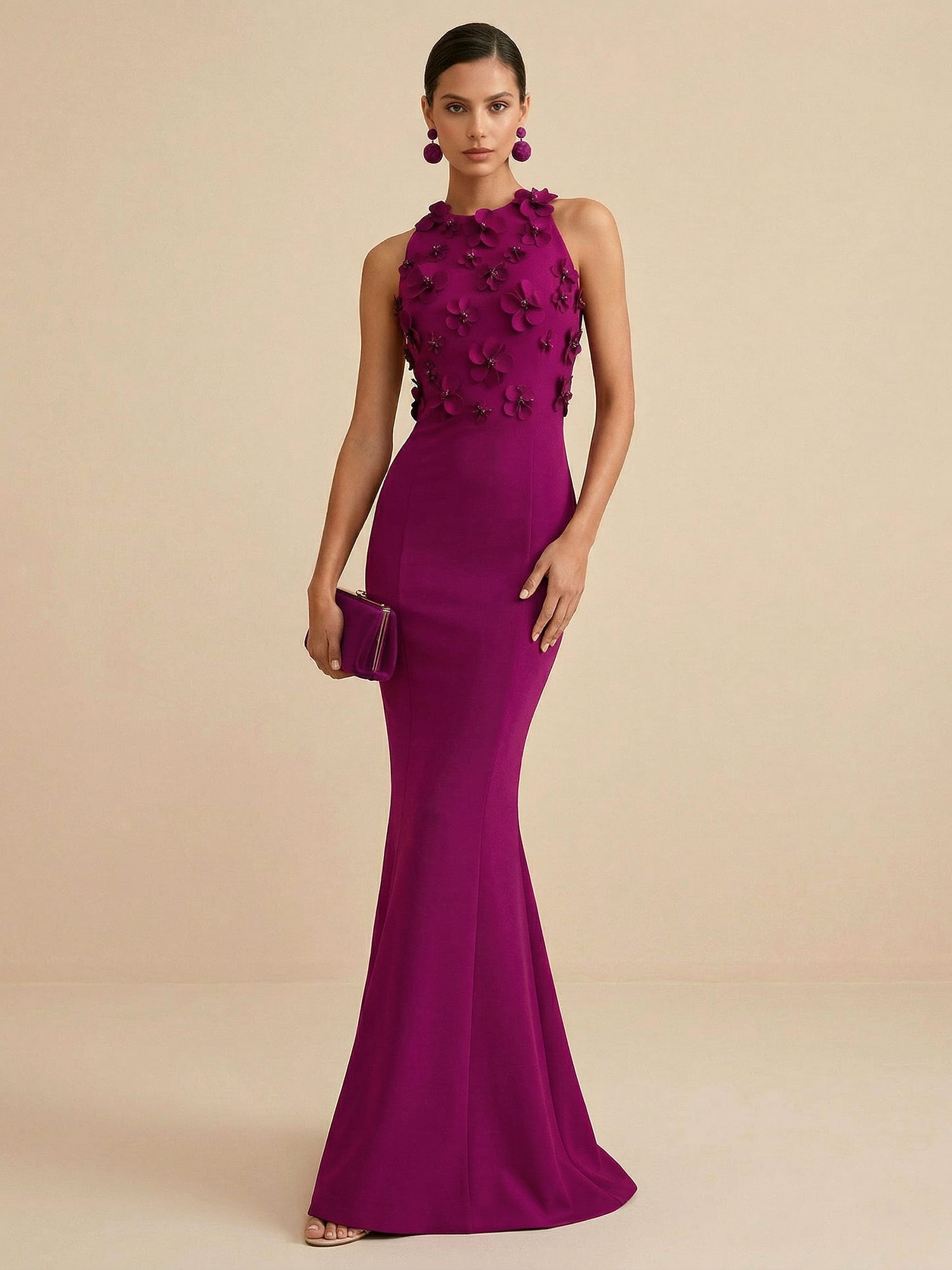 Deep Fuchsia Sleeveless High Neck 3D Floral Mermaid Formal Gown Evening Dress