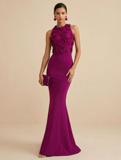 Deep Fuchsia Sleeveless High Neck 3D Floral Mermaid Formal Gown Evening Dress