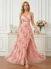 Floral Print V-Neck Sleeveless A-Line Mother of the Bride Dress with Slit