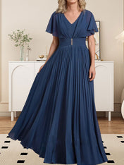 A-line V-Neck Floor-Length Chiffon Mother of the Bride Dress With Crystal Brooch Pleated