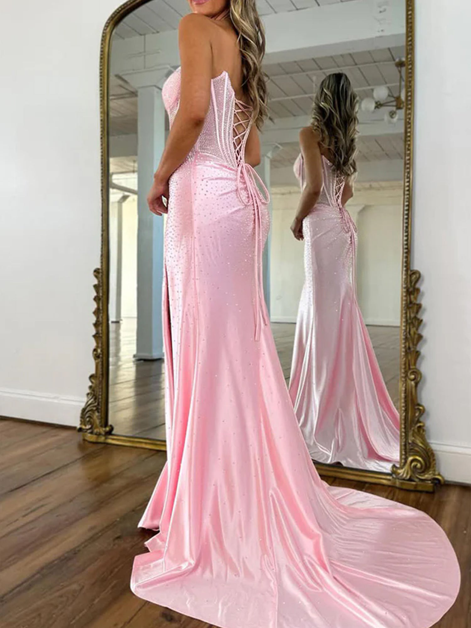 Red Mermaid Strapless Corset Beaded Prom Dress with Slit