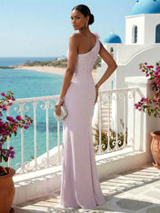 Purple One Shoulder Mermaid Pleat Maxi Dress with Flower