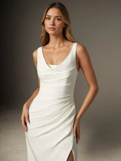 White Mermaid Scoop Pleated Crepe Back Satin Wedding Dress