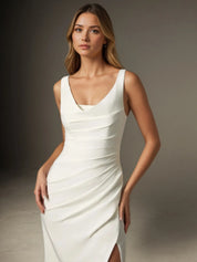 White Mermaid Scoop Pleated Crepe Back Satin Wedding Dress