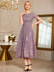 A Line Scoop Tea-Length Chiffon Mother of the Bride Dress With Appliques