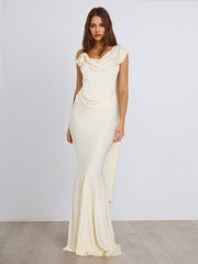 Ivory Satin Asymmetrical Neck Sleeveless Floor Length Dress With 3D Flower