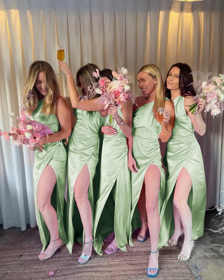 Fashion Sheath One Shoulder Pink Satin Bridesmaid Dresses