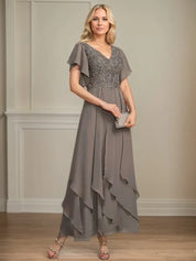 A Line V Neck Short Sleeve Chiffon Mother of the Bride Dress With Ruffles