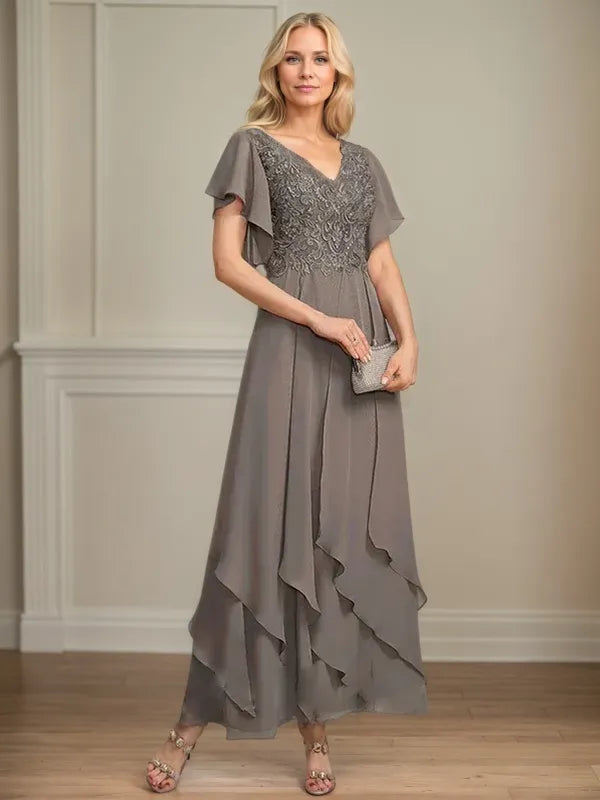 A Line V Neck Short Sleeve Chiffon Mother of the Bride Dress With Ruffles