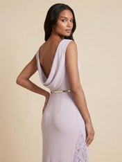 Lilac Sleeveless Cowl Neck Mermaid Gown with Lace Side Slits
