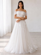 Elegant Off-the-Shoulder White Lace A-Line Wedding Dresses with Corset and Chapel Train