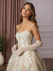 White Champagne Ball-Gown Strapless Lace Wedding Dress