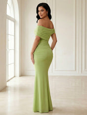Green Off the Shoulder Maxi Dresses with Pleat Mermaid Evening Dress