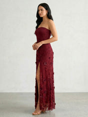 Burgundy 3D Floral Lace Strapless A-Line Gown with Side Slit