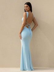 Regular Straps Light Blue Maxi Dresses for Women Mermaid Backless Evening Dress