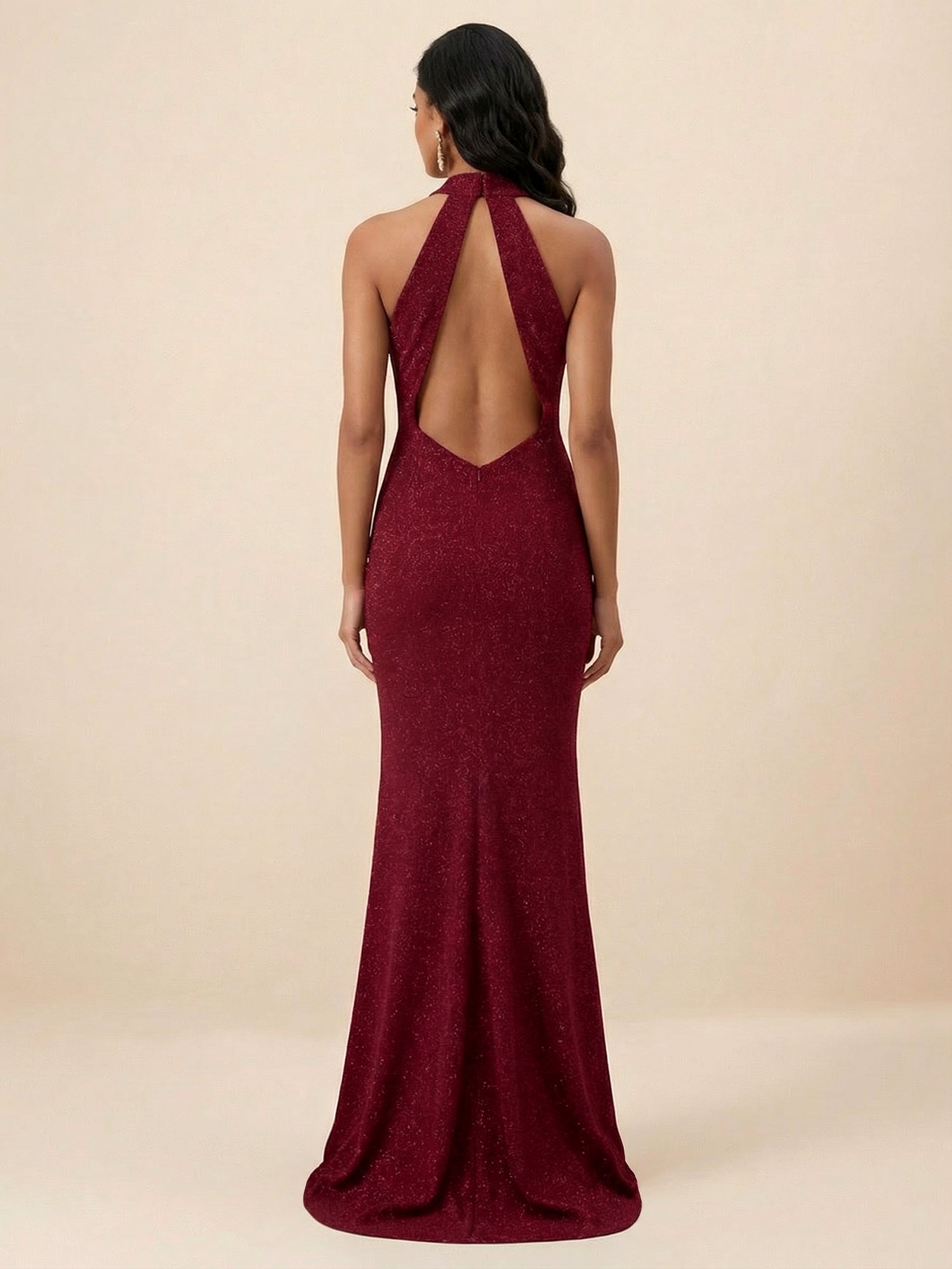 Burgundy Glitter Halter Draped Neck Mermaid Maxi Dress