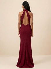 Burgundy Glitter Halter Draped Neck Mermaid Maxi Dress