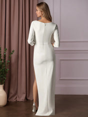 White Sheath Sweetheart Neckline 3/4 Sleeve Stretch Crepe Wedding Dress