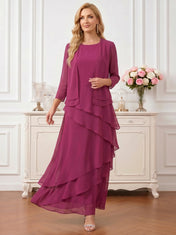 Round Neck Tiered Chiffon A-Line Mother of the Bride Dress with Matching Bolero Jacket