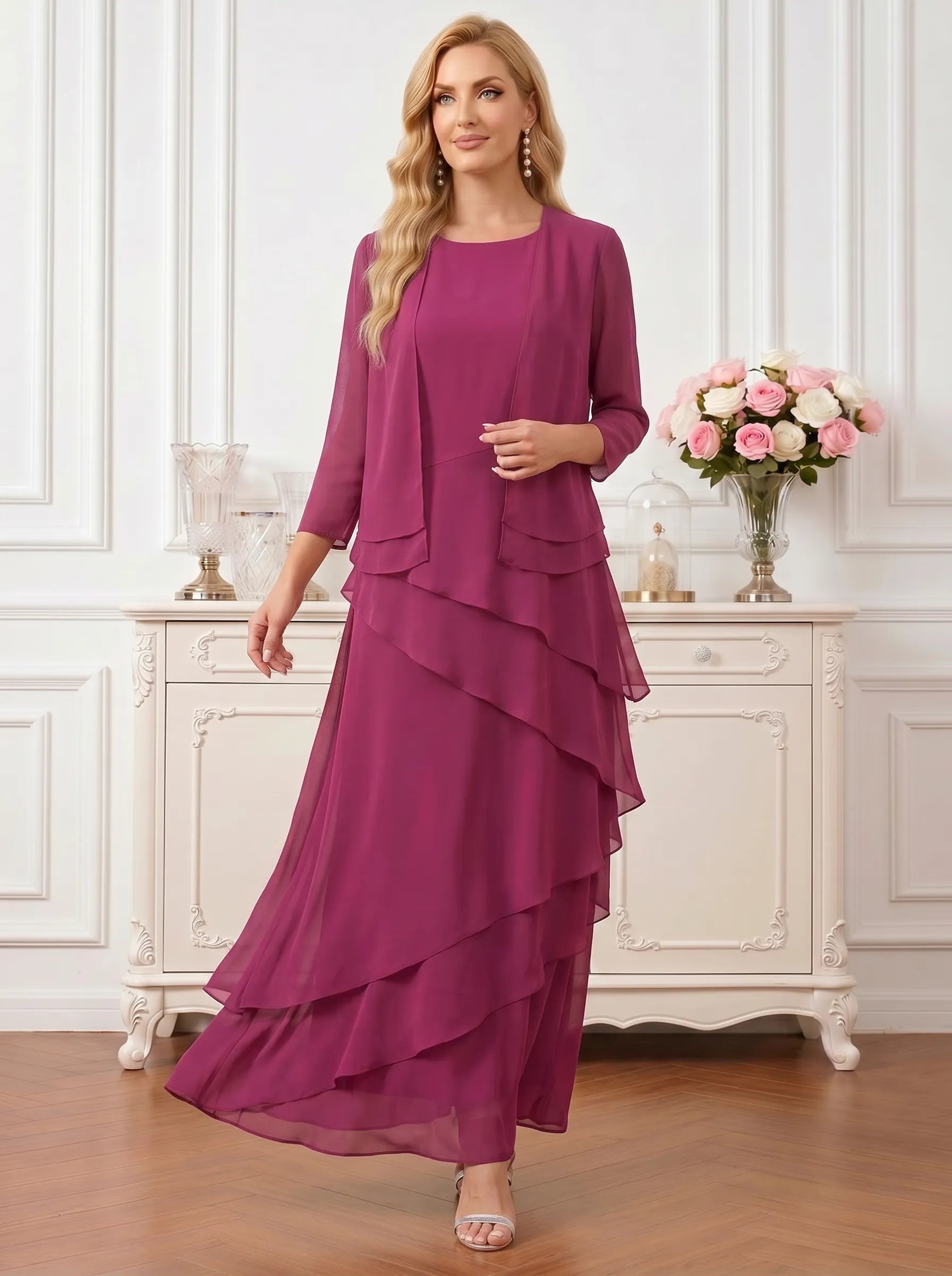 Round Neck Tiered Chiffon A-Line Mother of the Bride Dress with Matching Bolero Jacket