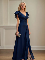 V Neck Ruched Chiffon A Line Mother of the Bride Dress