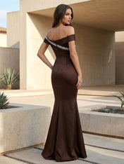 Brown Off the Shoulder Maxi Dresses with Sequins Mermaid Evening Dress