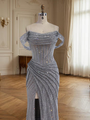 Sparkly Off-the-Shoulder Mesh Ruched Bodice Long Prom Dress with High Slit