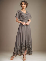 A-line V-Neck Asymmetrical Lace Chiffon Mother of the Bride Dress With Pleated
