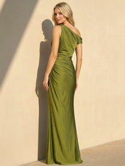 One Shoulder Satin Maxi Dresses Mermaid Formal Dress with Slit