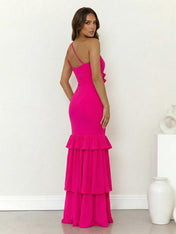 Fuchsia One Shoulder Mermaid Tiered Maxi Dress with 3D Flower