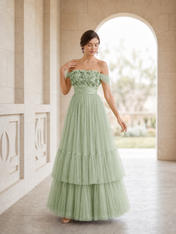 3D Rose A-Line/Princess Off-the-Shoulder Floor-Length Evening Dresses with Tiered Ruffles