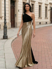 Evening Formal Dress Black Gold Metallic One-Shoulder Maxi Gown