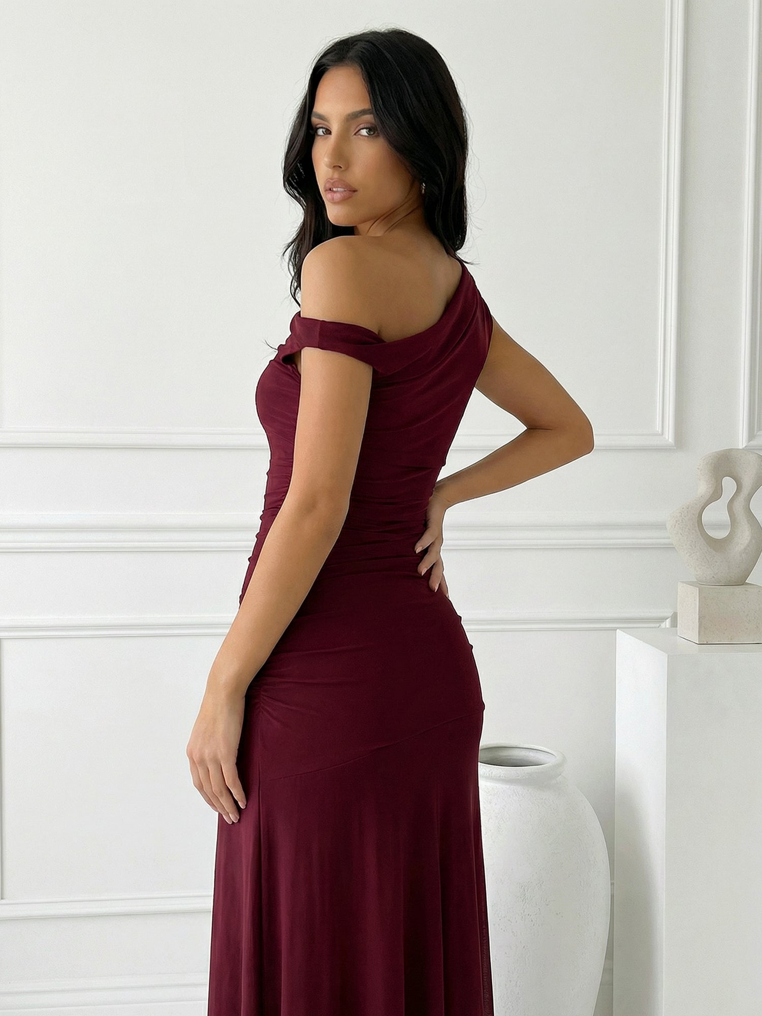 Burgundy One Shoulder Mermaid Maxi Dress with Pleat