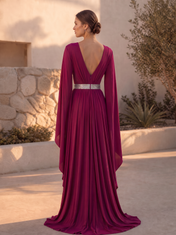 Plum V-Neck Rosette Accented Flowing Sleeve Floor-Length Gown Dress