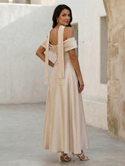 Champagne Off the Shoulder Satin Evening Dress with Scarf