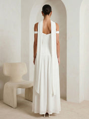 White Off the Shoulder Satin A Line Maxi Dress with Scarf