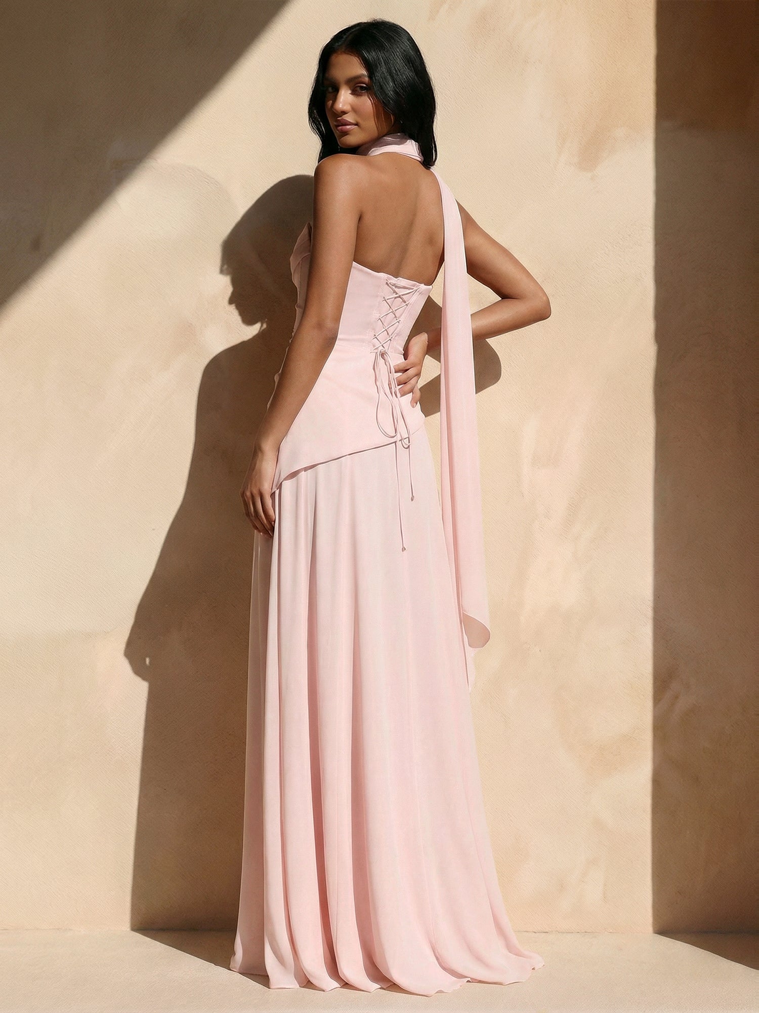 Pink Strapless Pleat Maxi Dresses with Scarf A Line Slit Evening Dress