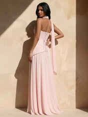 Pink Strapless Pleat Maxi Dresses with Scarf A Line Slit Evening Dress